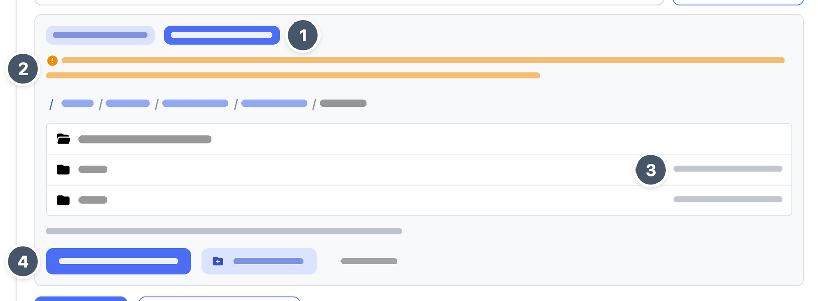 Ordner-Browser im Upload-Verzeichnis mit der Warnung über der Liste