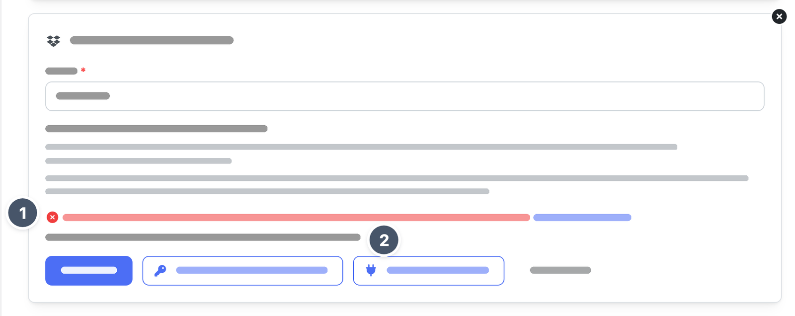 Formular für Dropbox nach einem gescheiterten Verbindungstest